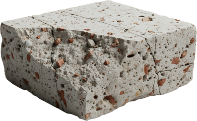 A fractured concrete block with aggregate inclusions and visible cracks isolated on a transparent background cracked debris