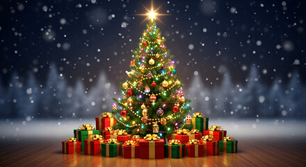 christmas tree with lights and presents.