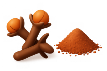 Cloves, whole and ground, forming a small pile of spice, ingredient illustration with transparent background