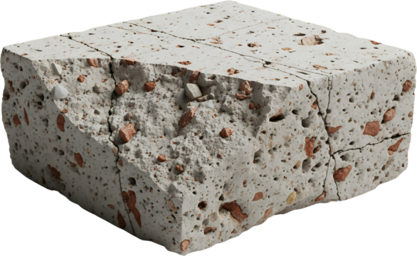 A fractured concrete block with aggregate inclusions and visible cracks isolated on a transparent background cracked debris