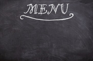 Obraz premium A chalkboard with the word Menu written in white chalk