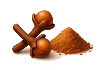 Whole cloves and ground spice powder for cooking and seasoning, aromatic natural ingredient with transparent background