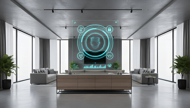 Modern living room showcasing futuristic smart home technology with fingerprint security and automated climate control in a spacious, elegant interior