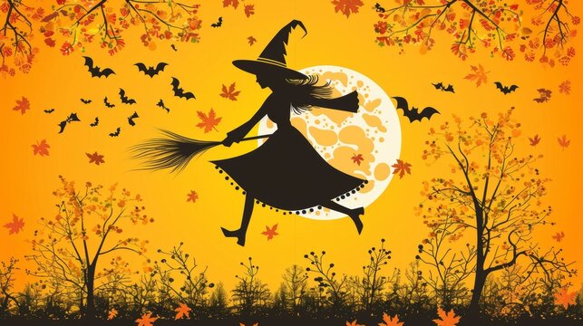 Witch on broomstick flying over an autumn forest under a mystical glowing moon illustration - Powered by Adobe