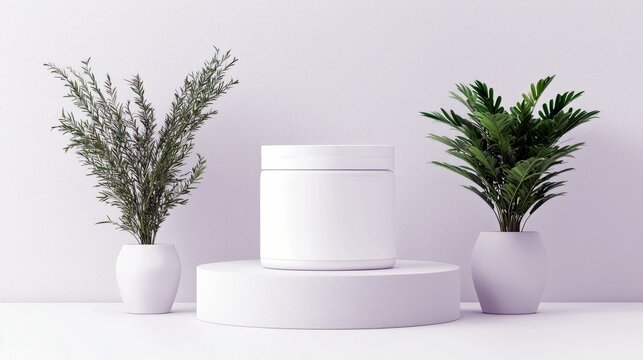 A clean, minimalist product display featuring a white jar on a white podium, flanked by two potted green plants.