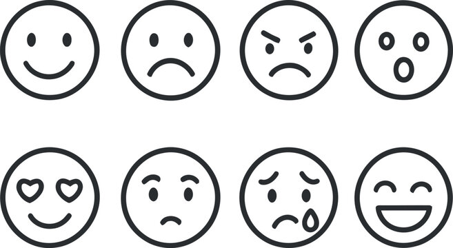 Set of Basic Emoji Line Icons Depicting Different Facial Expressions