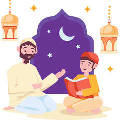 Muslim Father And Son Reading Holy Book Together Under A Crescent Moon Sky With Traditional Islamic Lanterns And Arched Window