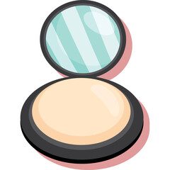 Open compact mirror with light beige powder inside and a reflective surface showing a pale blue sky and clouds on a transparent background