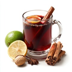 Warm mulled wine in decorative mug garnished with citrus and spices isolated on white for seasonal festive designs