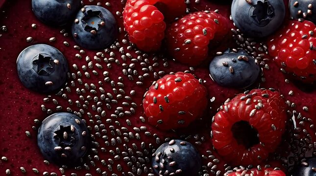 Close-up of mixed fruits and seeds on a deep red surface. Blueberries and raspberries are scattered with tiny seeds, creating texture
