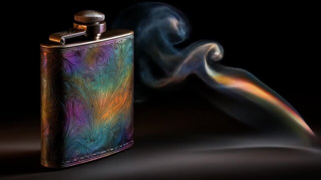 A vibrant, ornate flask emits a colorful stream of smoke against a stark black background