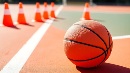 Generative AI Basketball practice session cones are set up on court.