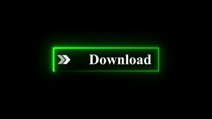 Neon download button animation on black background with arrows pointing right, glowing interface icon signaling click to start download. digital interface symbol for file downloading and web apps - Powered by Adobe