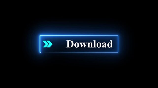Neon download button animation on black background with arrows pointing right, glowing interface icon signaling click to start download. digital interface symbol for file downloading and web apps