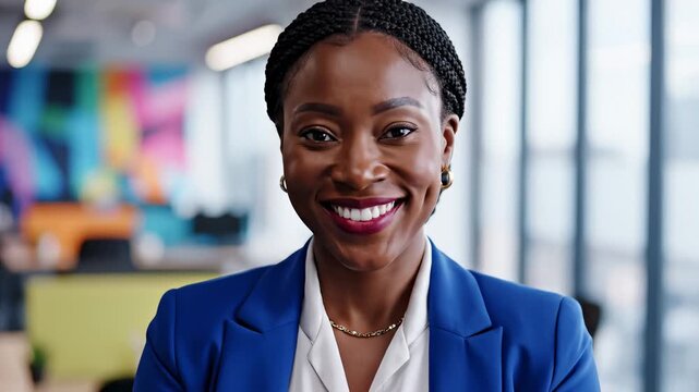 African American Businesswoman Smiling Confidently in Modern Office