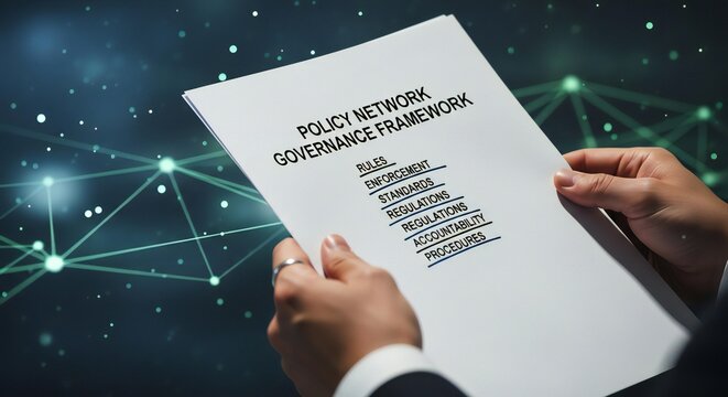 Professional holding Policy Network Governance Framework document, outlining rules, enforcement, and procedures for business.