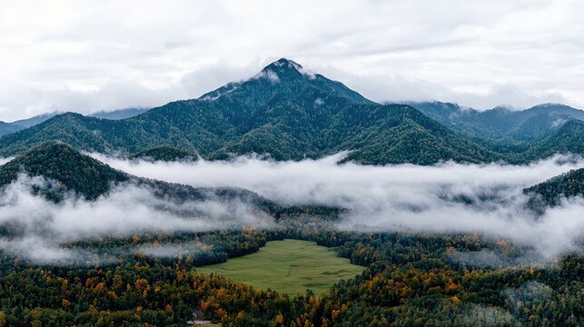 An aerial view of a vast mountain range covered in dense green forests, with low-lying clouds weaving through the peaks and a vibrant green valley nestled below