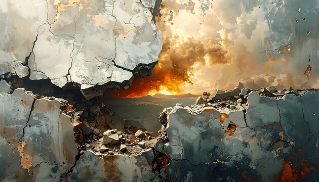 A dramatic scene of a crumbling wall revealing a fiery sunset and a distant mountainous landscape - Powered by Adobe