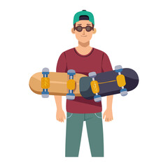 Skateboarder with skateboards in hands. Hipster style and fashion concept, Vector illustration.