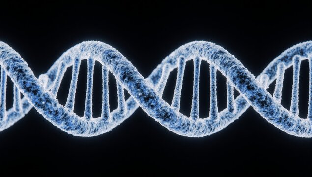 Intertwined DNA strands blue and white on a dark background signifying genetic research progress