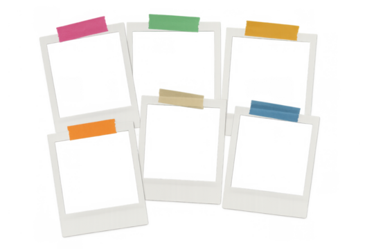 Blank instant camera film frames creating a collage, providing empty space for memorable custom images, transparent background