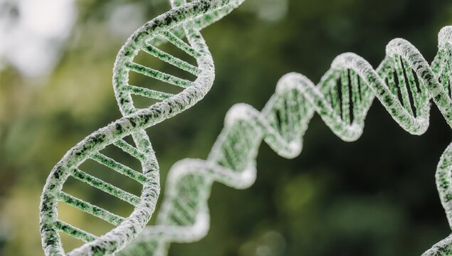 Detailed image of a DNA double helix structure amidst natural surroundings with blurred background