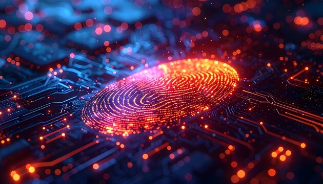 A luminous fingerprint sits atop a glowing circuit board. Dotted red lights illuminate the intricate network, conveying data security