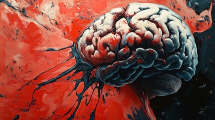 Dynamic abstract artwork featuring a stylized brain form, depicted with textures and fluid lines that suggest illness and neurological conditions. The colors blend, evoking a powerful sense of health.
