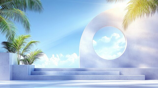 A modern, minimalist architectural structure with steps and a circular window, framed by lush palm trees against a bright blue sky.