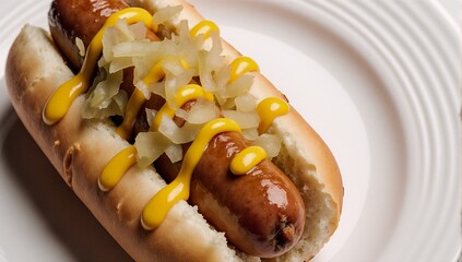 Sausage hot dog with mustard and sauerkraut