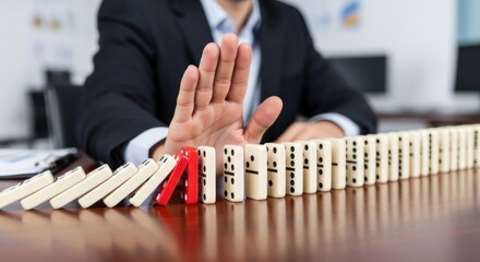Businessman stops falling dominoes in office setting concept