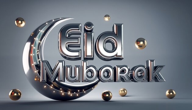 Metallic 3D text &ldquo;Eid Mubarak&rdquo; dengan bulan sabit dan cahaya lembut, tampil elegan dalam tema perayaan Islam.