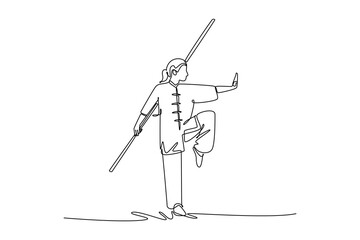 Continuous one line drawing woman Wushu athlete balancing on one leg, holding staff vertically. Precision, control, and grace of martial arts form. Single line draw design vector graphic illustration