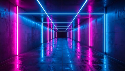 A futuristic tunnel is illuminated with neon lights, a mesmerizing perspective down a dark, grimy corridor