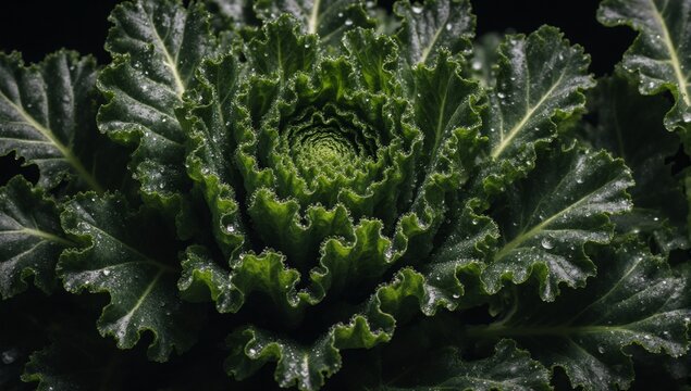 Curly kale leaves with dew drop