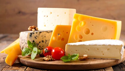 An assortment of cheese types, tomatoes, basil, and walnuts, arranged on a wooden board against a wood background