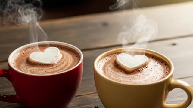 Two Cups of Hot Chocolate with Heart Marshmallows Steaming on a Wooden Table.