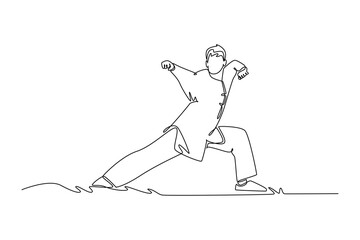 Single one line drawing man Wushu athlete poised in dynamic, deep bow stance with clenched fists, illustrating power, focus and discipline form. Continuous line draw design graphic vector illustration