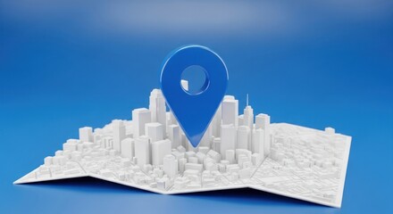 Blue map pin marks location on white miniature city model.