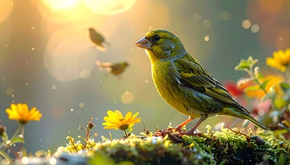 Yellow-green bird perched among flowers in soft, bokeh-filled sunlight with other birds in the background