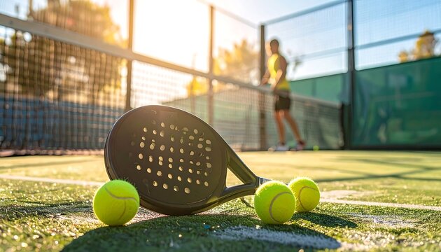 Padel racket and balls on a green court, player in background, sunlight filtering through the net, creating long shadows