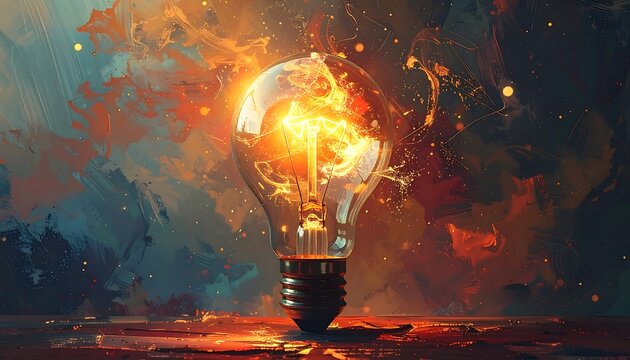 Glowing lightbulb emits energy against an abstract, painted backdrop, symbolizing bright ideas and creative sparks - Powered by Adobe