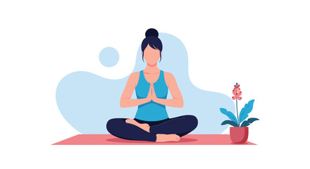 Woman meditating in lotus pose on a yoga mat with a potted plant and blue abstract background.