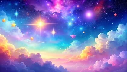 Dreamy cosmos Pastel clouds merge with a colorful nebula, adorned with glowing stars and floating star shapes