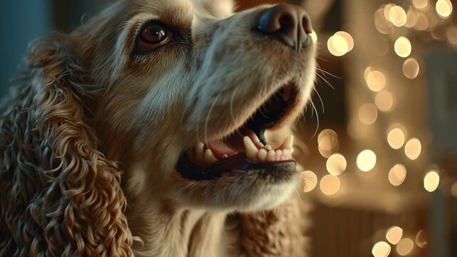 A dog with a brown and white coat is looking at the camera. The dog has a black nose. Cocker Spaniel looking up with soft christmas light sparkle