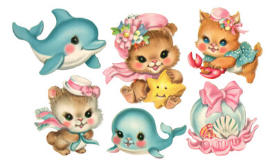 Naklejka premium Vintage Style Illustration of Cute Baby Animals in Pastel Marine Colors