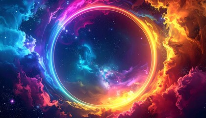 Colorful circular portal amidst swirling nebulas, vibrant cosmic clouds, and glowing stars, a digital artwork