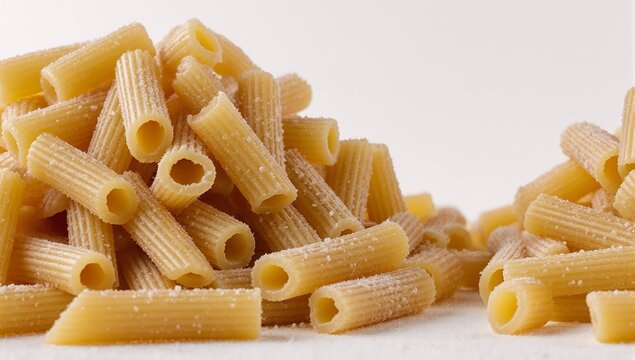Close-up of raw gramigna pasta on a white background isolated and focused