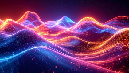 Glowing abstract landscape waves flow in red and blue against a starry background
