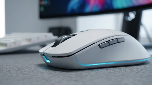 Sleek White Computer Mouse with Illuminated Features and Ergonomic Design, Perfect for Productivity and Gaming on a Modern Desktop Setup